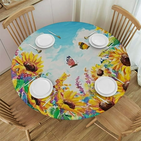 

Sheronv Sunflowers Butterflies Blue Sky Round Tablecloth | Stain-Resistant & Washable | Ideal for Indoor and Outdoor Use | 100% Polyester Tablecloth for Picnic Dining Kitchen Farmhouse 38 -42