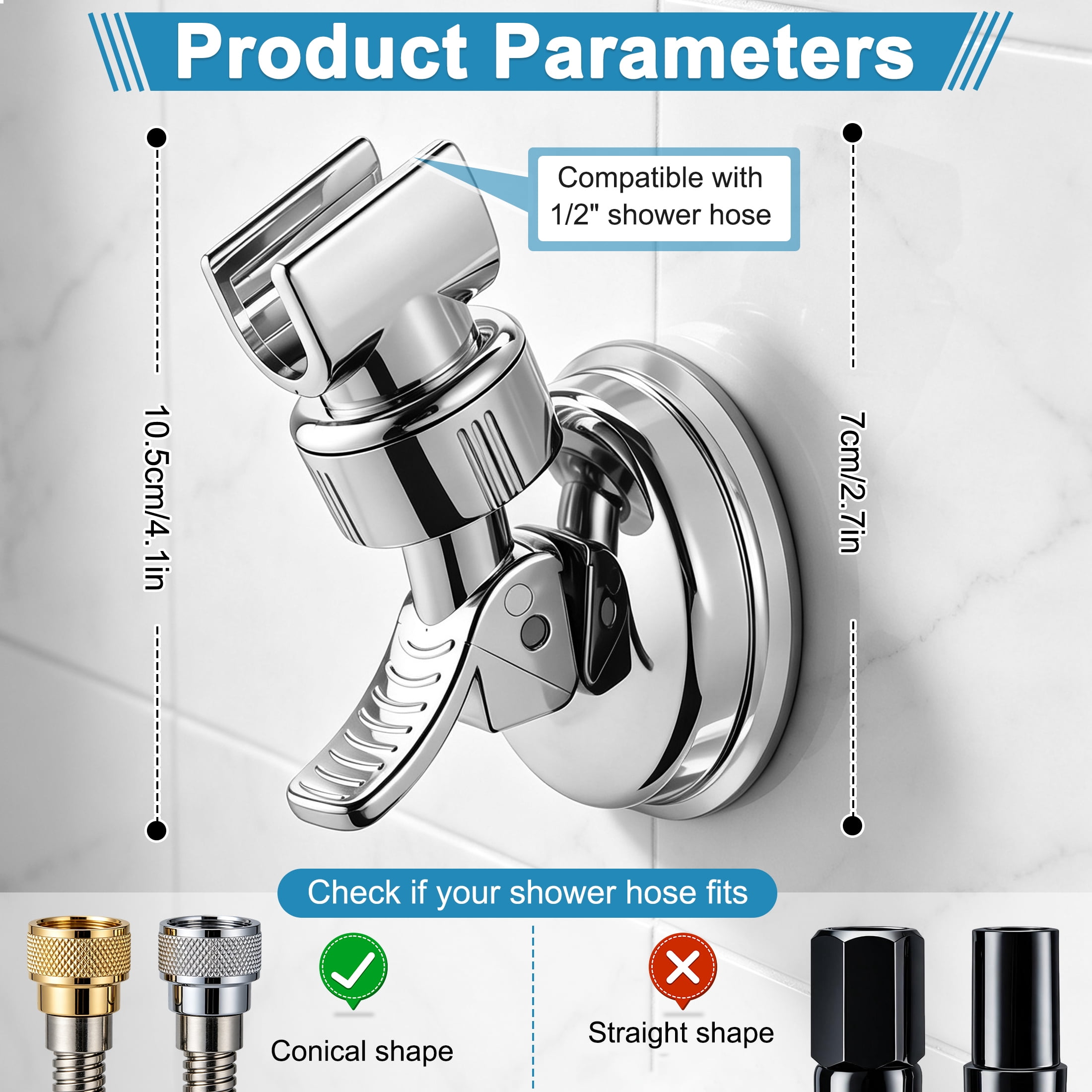 Shower Head Holder, 360‑Degree Adjustable Suction Cup Handheld Shower Bracket, Shower Wand holder No Drill Shower Wall Mount, Removable Shower Head Mount Holder for Smooth Bathroom Surfaces