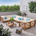 thumbnail image 2 of GDF Studio Keith Outdoor Acacia Wood 8 Seater Sectional Sofa Chat Set with Cushions, Teak and Beige, 2 of 11