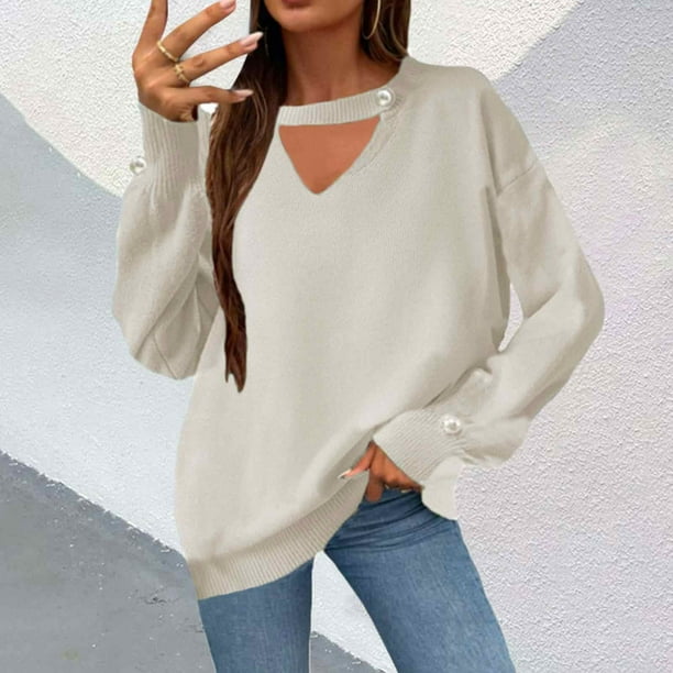 Suéter de cuello en V para mujer, cómodo, informal, de color sólido, de manga larga y cuello redondo.