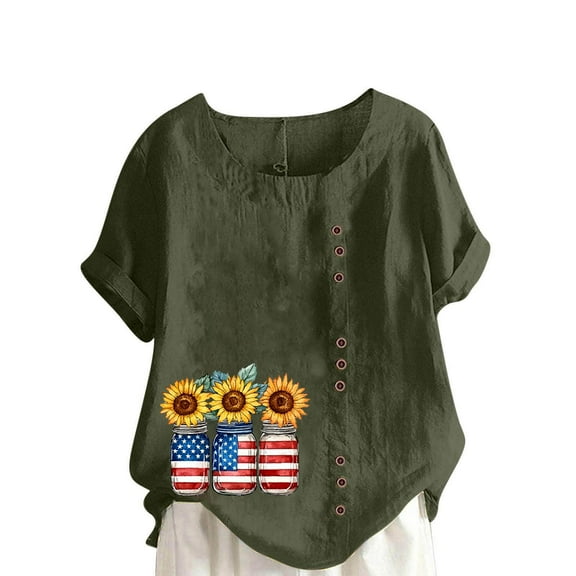 Linen Tops for Women American Flag Sunflower Shirt Short Sleeve Casual Blouse 4th of July Independence Day T-Shirt Army Green Womens Tops
