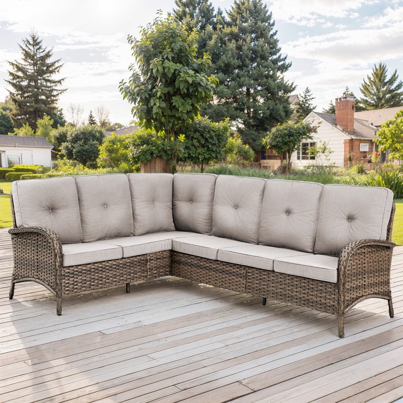 PARKWELL Outdoor Furniture Sectional Sofa L Shaped Couch,Patio Wicker 5-Seat High Back Conversation Set for Balcony Yard,Brown Wicker Beige Cushion