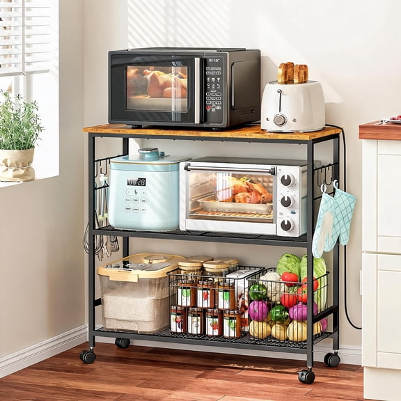 3 Tier Rolling Kitchen Microwave Cart with Adjustable Shelf and Lockable Wheels