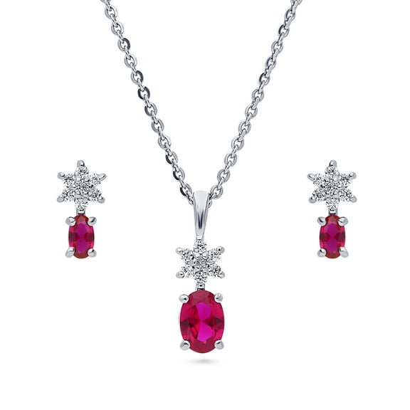 BERRICLE Sterling Silver Flower Simulated Ruby Cubic Zirconia CZ Fashion Necklace and Earrings Set for Women, Rhodium Plated