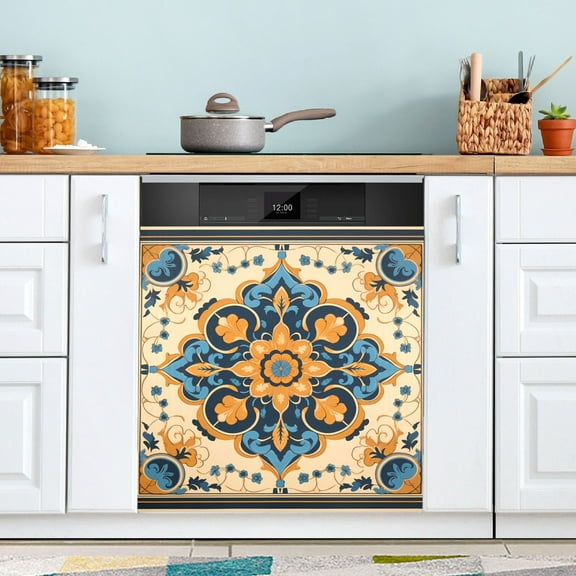 Blue Yellow Mandala Dishwasher Magnet Cover Magnetic Fridge Door Cover Home Kitchen Decor 23"x 26"
