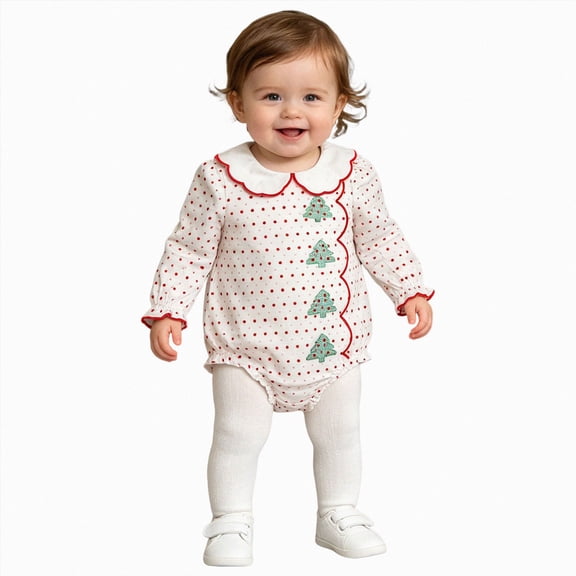 0-3 Months Newborn Baby Bodysuits Infant Baby Girl Outfit Christmas Tree Embroidery Long Sleeve Romper Bodysuit Smocked Bubble Clothes,Red Jumpsuit Sleep & Play One-Piece Bodysuit