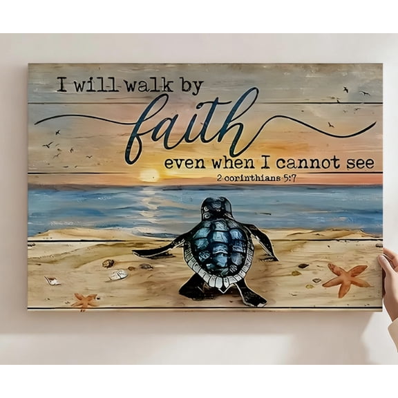Walk By Faith Sea Turtle Canvas Wall Art, Christian Coastal Decor, Beach-Inspired Bible Verse Artwork For Bathroom, Bedroom, Living Room, Ready To Hang 8*12inch(20*30cm)