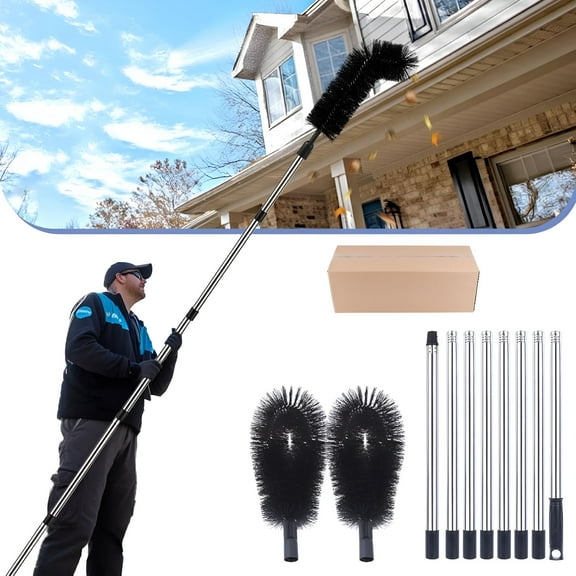 ACDANC 10.5FT Gutter Cleaning Tool from Ground – Adjustable Pole with 360° Swivel Brush,No Ladder Needed | Heavy-Duty Stainless Steel & Nylon Head for Leaves/Debris