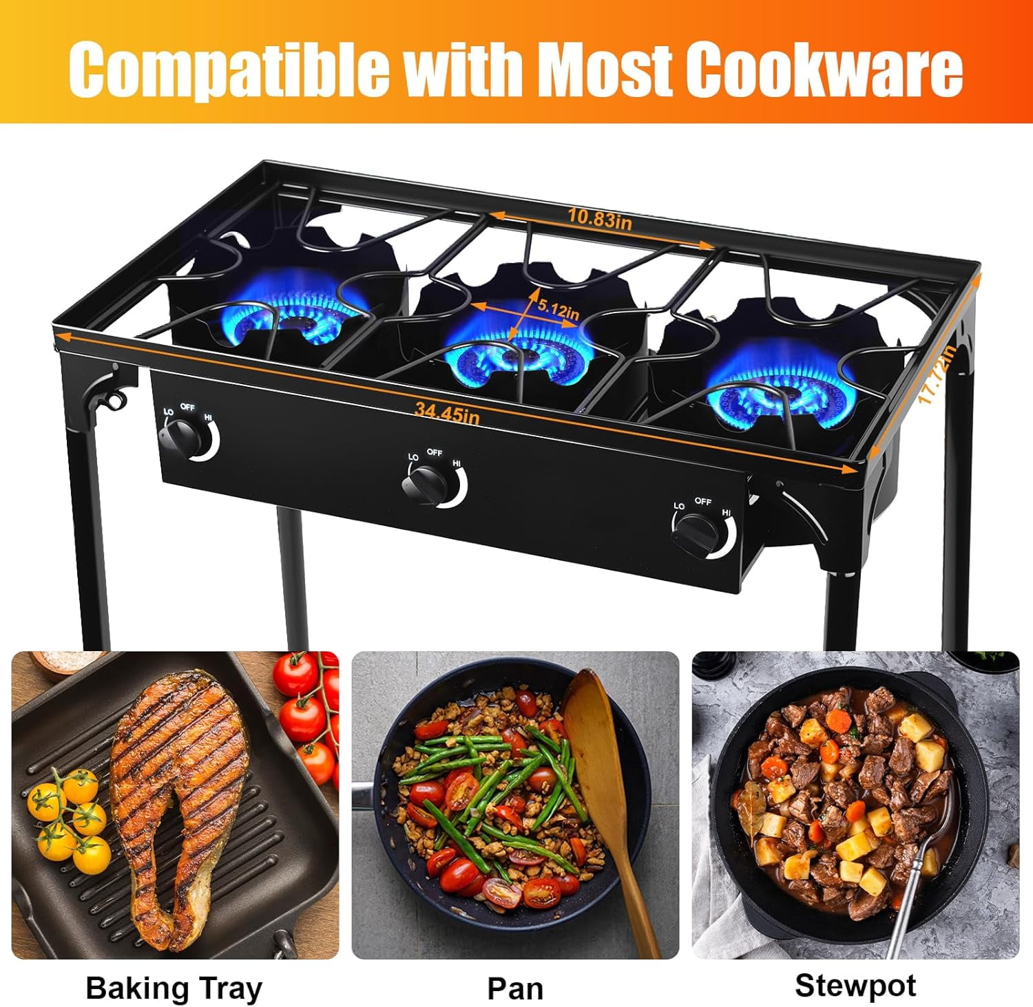 225,000-BTU High-Pressure Outdoor Propane Gas Stove, 3-Burner Camp Cooker with Detachable Legs for Camping, Patio, Tailgating & Backyard Cooking