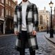 thumbnail image 2 of Kalauyu Men's Casual Notched Collar Plaid Single Breasted Wool Blend Formal Trench Top Coat, 2 of 6