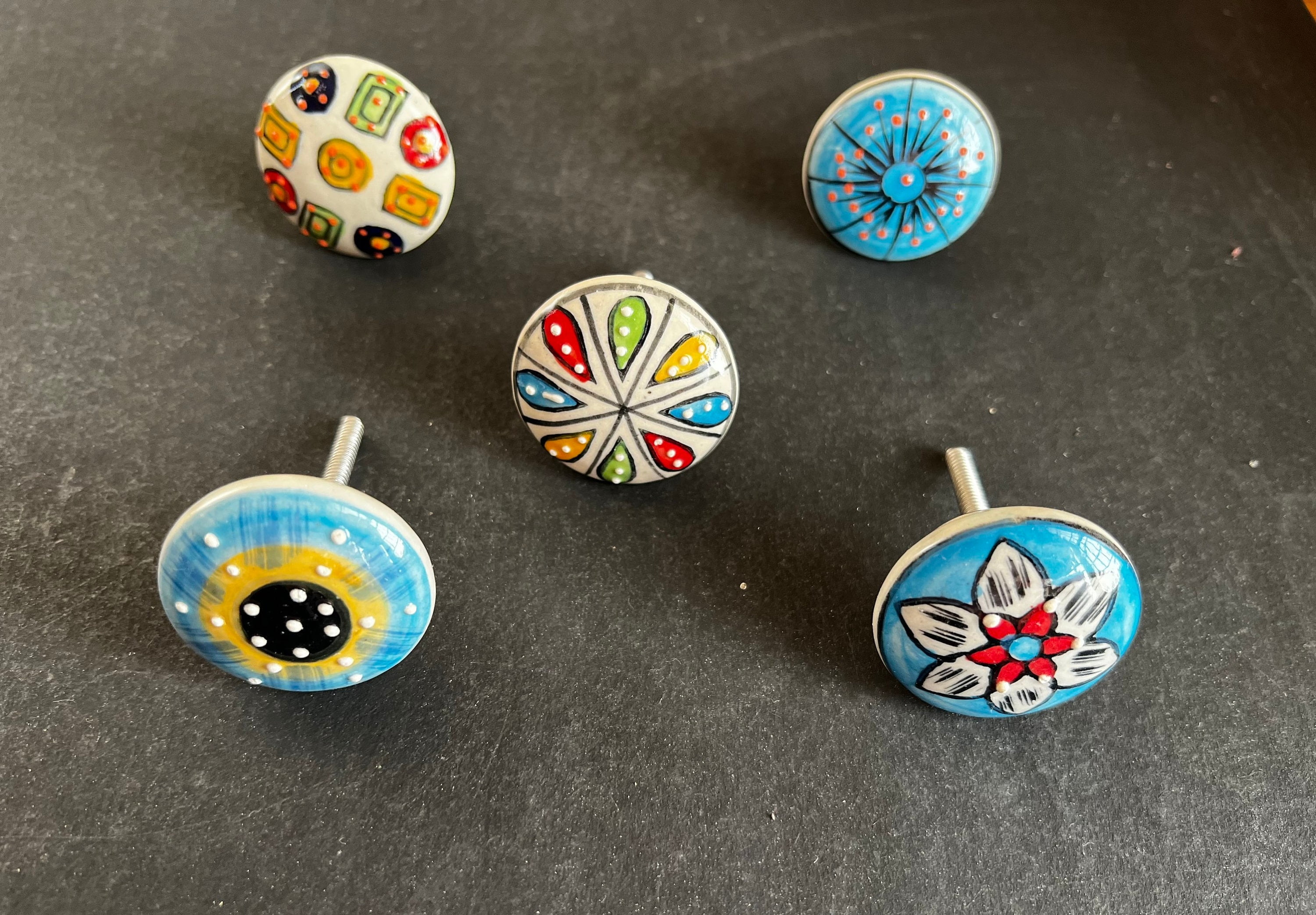 10 PC SET of Cabinet Ceramic Knobs | white and black Colourful Designs| Drawer Dresser Wardrobe Door kitchen knobs| Nuts & Bolts Included