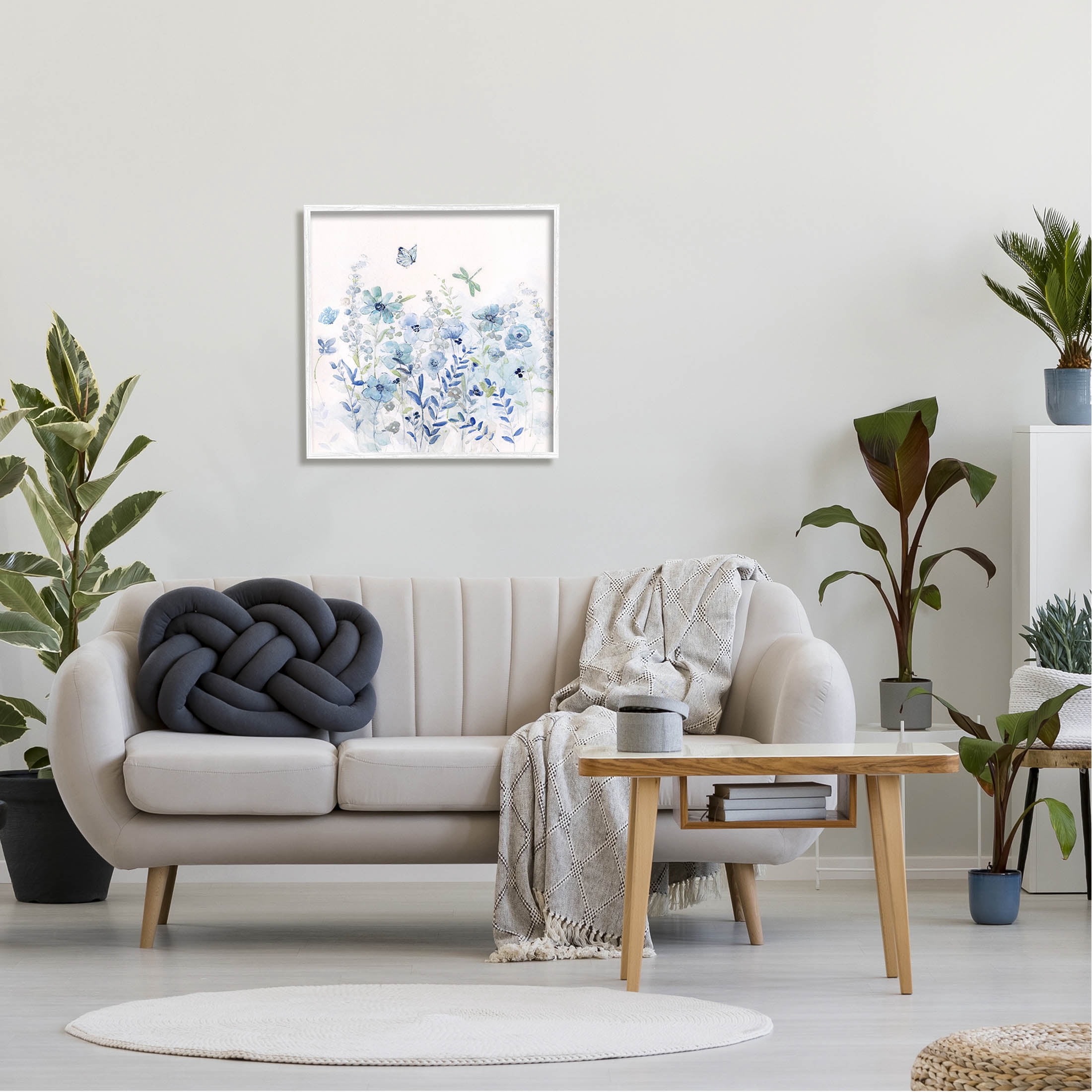 Butterfly Fluttering Blue Flowers Botanical & Floral Graphic Art White Framed Art Print Wall Art
