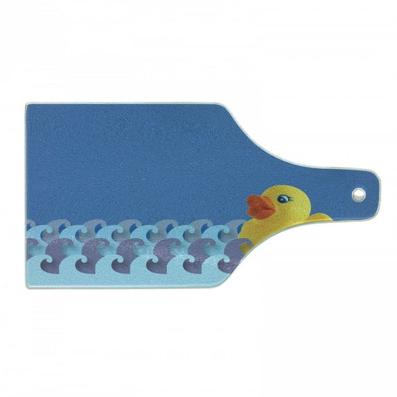 Rubber Duck Cutting Board, Rubber Duck Floating on Paper Seem Water Waves Bathroom Time care Image, Decorative Tempered Glass Cutting and Serving Board, Wine Bottle Shape, Multicolor, by Ambesonne