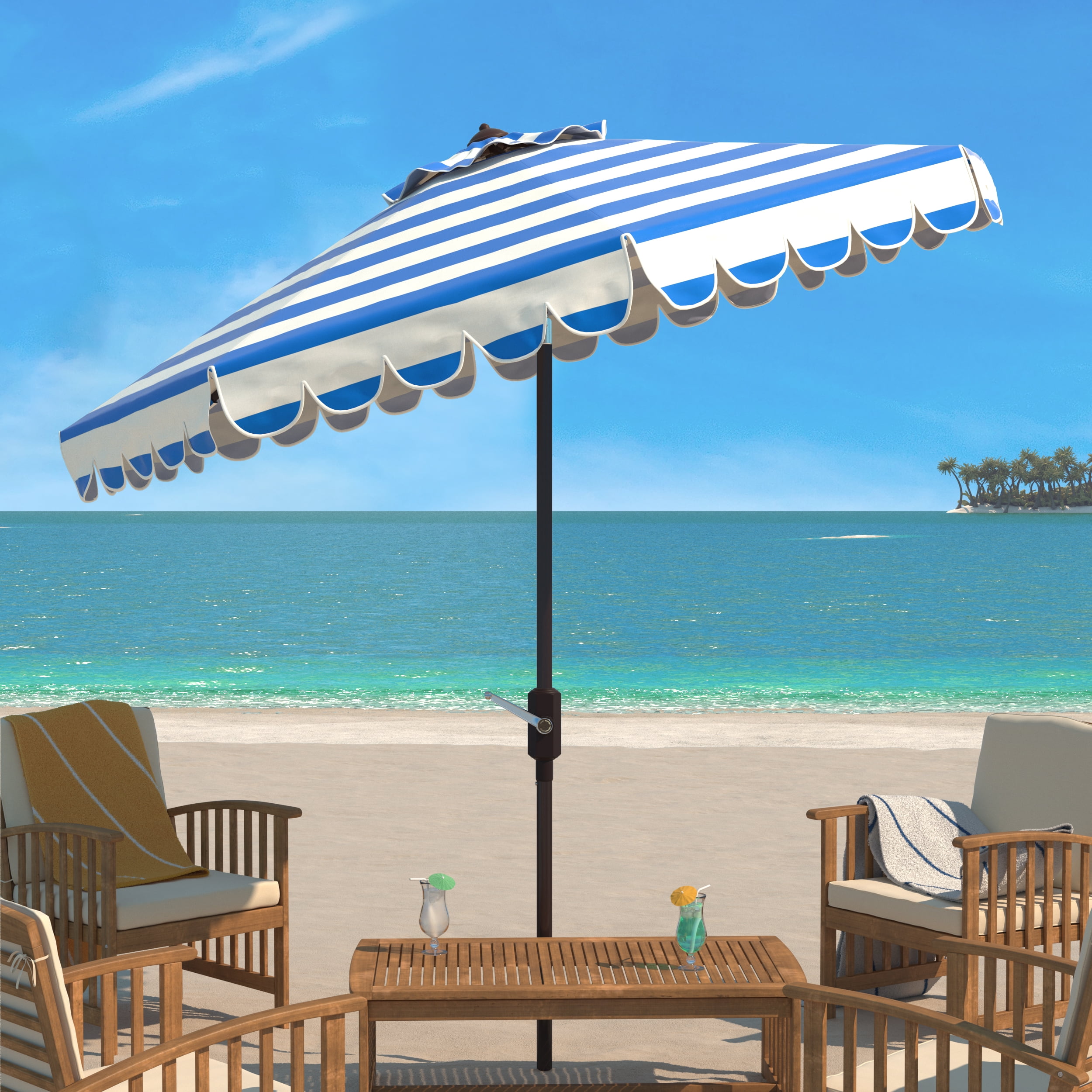 SAFAVIEH Maui 9' Market Crank Striped Tilt Patio Umbrella, Pacific Blue Stripe