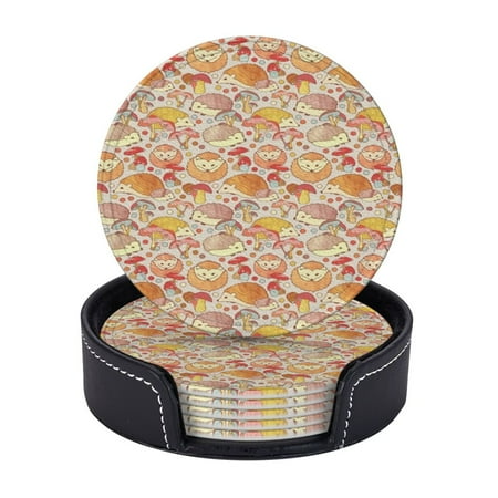 

Woodland Hedgehogs Leather Coasters With Leather Holder Set Of 6 Round Coasters for Home and Kitchen Decor