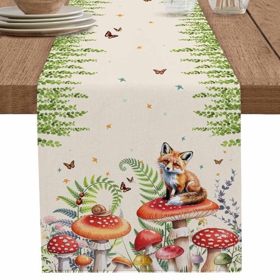 nqOlkjepod Mushroom Fox Table Runner 72 Inches Long Farmhouse Dress Scarves, Green Leaf Butterfly Red Retro Plant Dining Tablerunner for Coffee Table/Kitchen Island/Party Décor, 13" x 72"