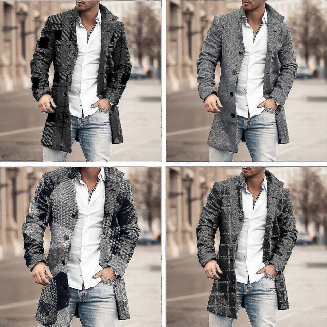 Men"s Wool Coat Jacket Single Breasted Mid-length Lapel Woolen Cloth For Indoor & Outdoor Wear