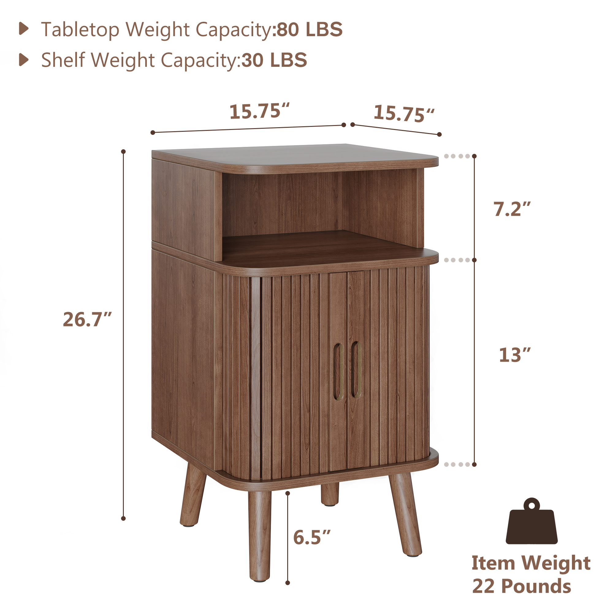 Fluted End Table with Storage,  Mid-Century Modern Wood Nightstand  with for Adult's Bedroom, Walnut
