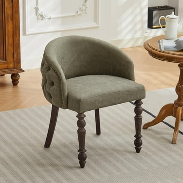 Mid Century Modern Dining Chair, PU Dining Roon Chair with Solid Wood Legs, Accent Leisure Chair with Pure Handcrafted Button Loops for Living Room Bedroom Olive Green