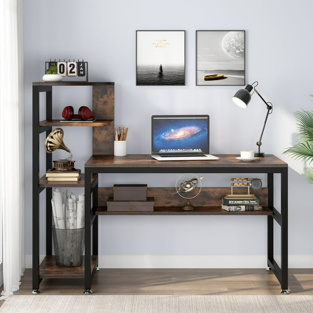 Tribesigns 58 Inch Computer Desk with Bookshelves and Hutch, Retro