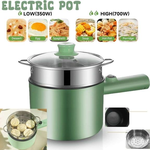 Puseky Electric Hot Pot with Steamer, Non-Stick Frying Pan, Electric Cooker with Dual Power Control, BPA Free & Over-Heating & Boil Dry Protection, Electric Pot for Pasta, Green
