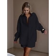 thumbnail image 4 of Women'S Cotton Cardigan Long Sleeve Top and Shorts Set Minimalist Solid Color Loungewear Outfit Black S, 4 of 9