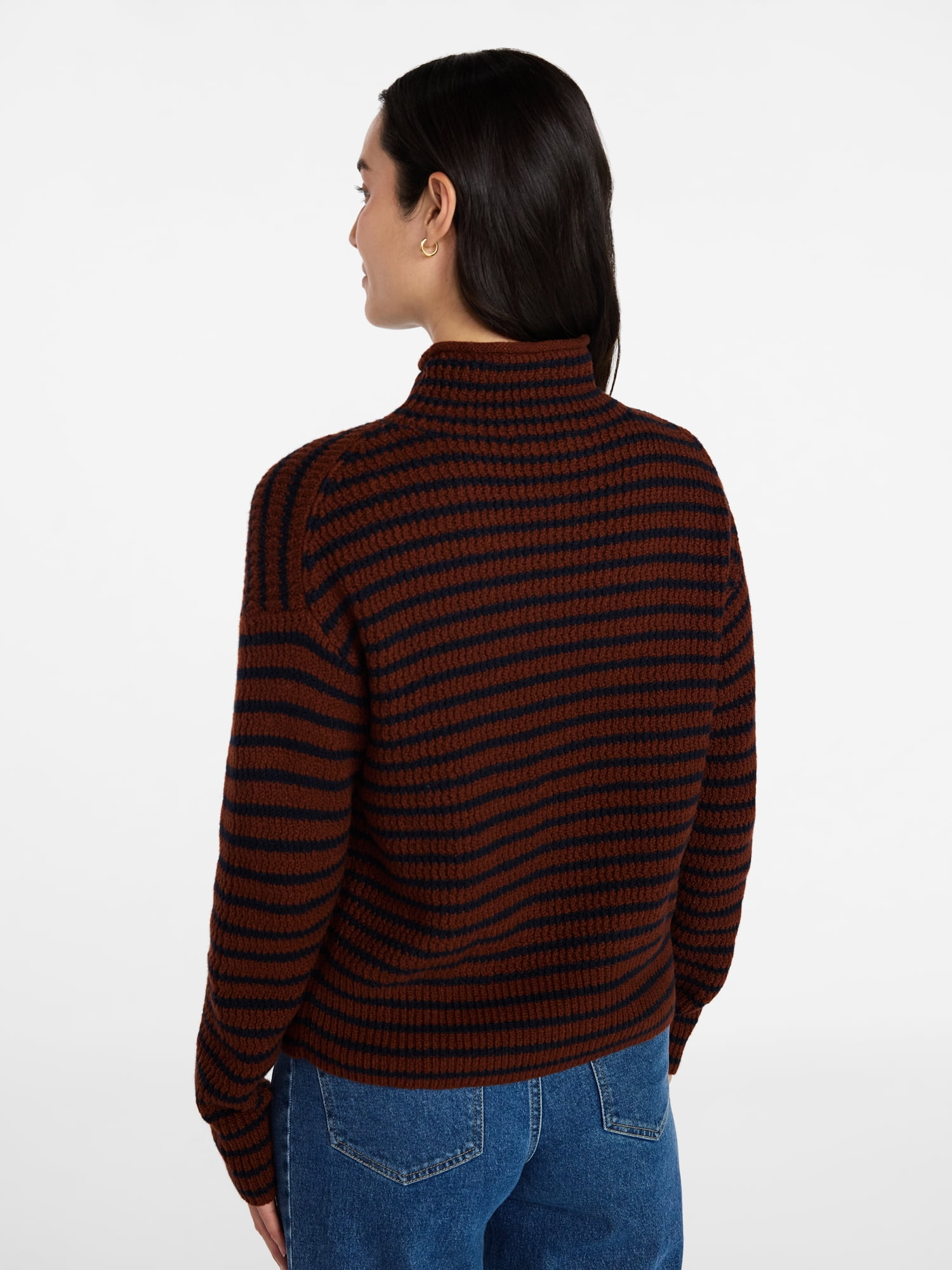 Time and Tru Women's Stripe Funnel Neck Sweater with Long Sleeves, Midweight, Sizes, XS-XXXL