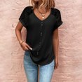 thumbnail image 2 of Gibobby Camisetas Mujer Baratas Manga Corta Mujer Casual Color sólido Cuello redondo Manga corta Botón Encaje Camiseta Top(Negro,XL), 2 of 5