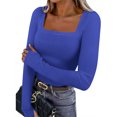 thumbnail image 2 of HongQid Womens Long Sleeve T Shirts Spring Fall Trendy Deep Square Neck Slim Fit Basic Crop Tops Casual Going Out Top with Thumb Hole, 2 of 9