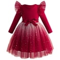 thumbnail image 2 of Girls Velvet and Tulle Dress, Long Sleeve Round Neck Princess Dress with Bow Waist, Kids Flower Girl Dress for Wedding, Birthday Party and Special Occasions Wine 9, 2 of 4
