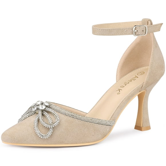 Unique Bargains Women's Rhinestones Bow Ankle Strap Stiletto Heel Pumps Beige (Size 7.5)