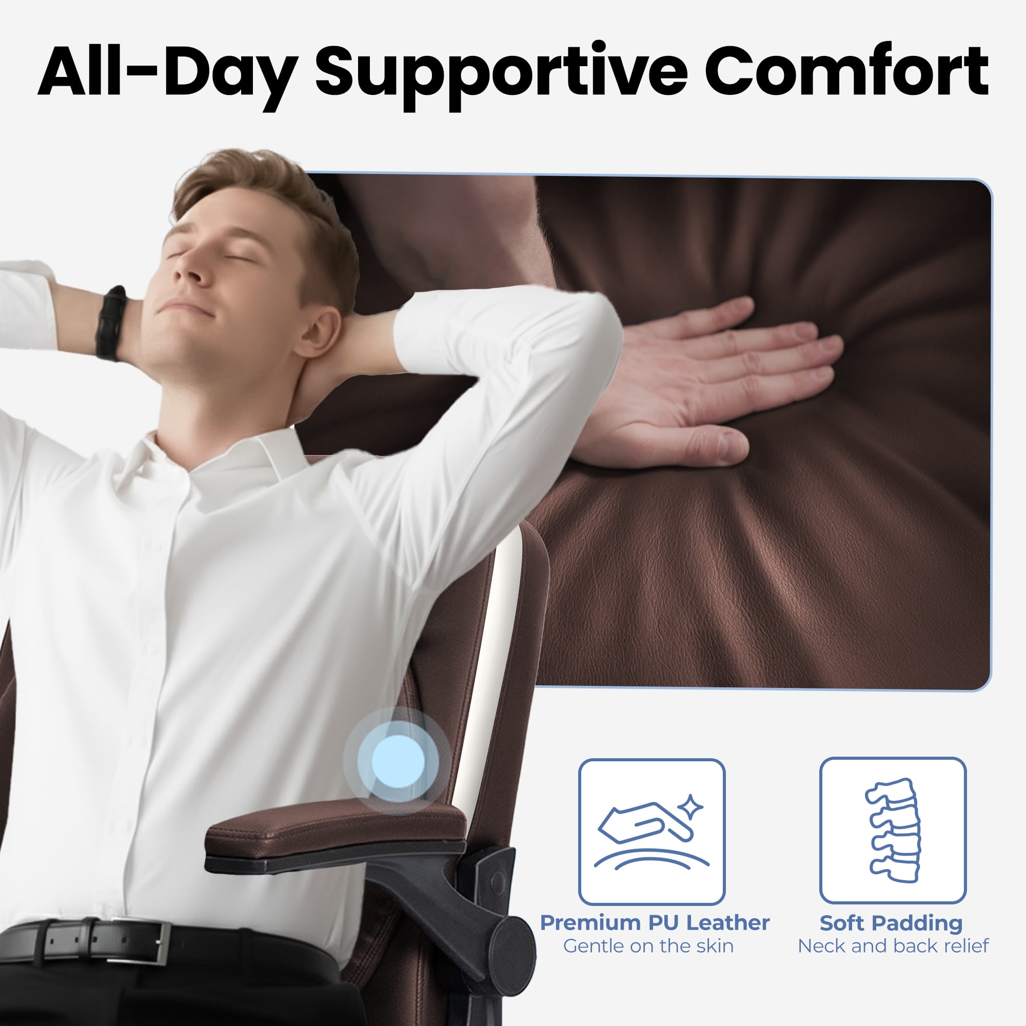 CELTOSS Leather Office Chair, Ergonomic Executive Chair with Padded Flip-Up Armrests, Mid-Back PU Computer Desk Chair, Brown