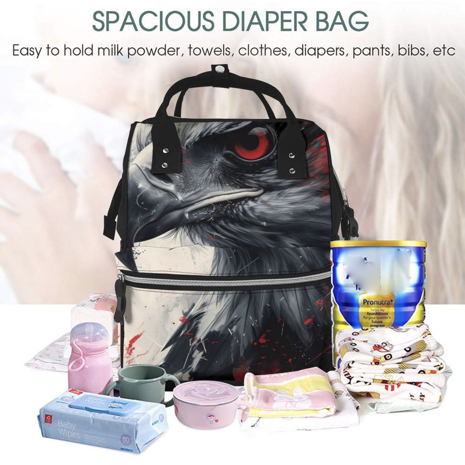 Fuzoiu Red Black Ink Style Bald Eagle Print Diaper Bag Backpack,Baby Essentials Travel Tote,Multi function Waterproof Diaper Bag, Travel Essentials Baby Bag - Unisex