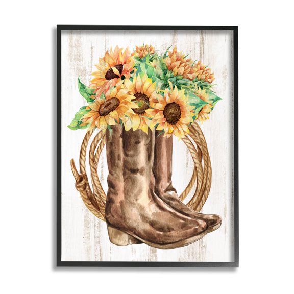 Southern Sunflower Bouquet Boots Botanical & Floral Graphic Art Black Framed Art Print Wall Art