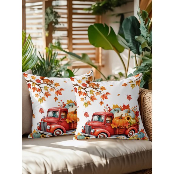Outdoor Pillows Waterproof, Fall Red Truck Bedding Throw Pillows with Insert for Couch Sofa Bed, Thanksgiving Autumn Harvest Pumpkins Leaf 18x18 Inch Pillowcases Decorative Patio Pillow Set of 2