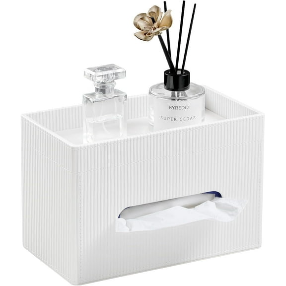 Rectangular Tissue Box Cover with Storage Tray, PU Leather Tissue Box Holder for Bathroom Vanity Countertop Night Stands Bedroom Office Desk (White)