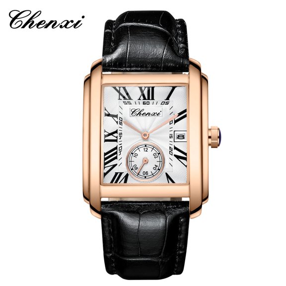 Men's watch with independent seconds hand, square calendar, leather strap, quartz watch, men's wristwatch, fashionable and trendy personalized watch