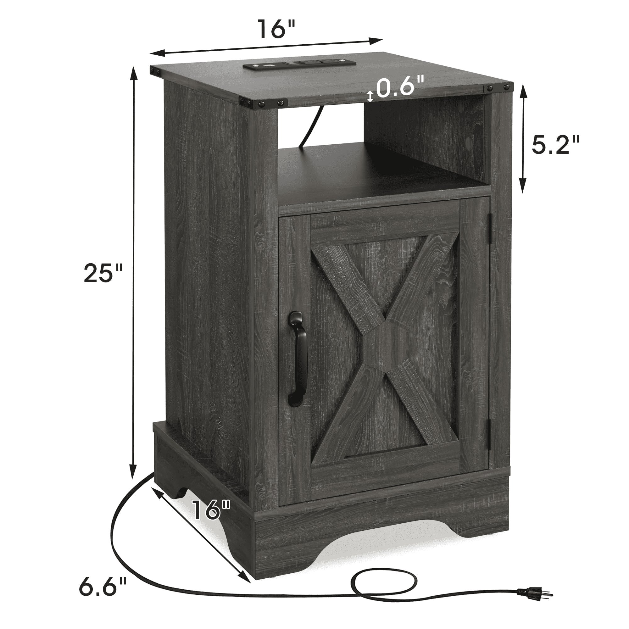 Farmhouse Nightstand with Charging Station Wooden Rustic End Table for Bedroom, Living Room, 16" D x 16" W x 25" H(Set of 1), Dark Grey