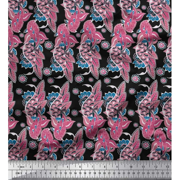 Soimoi Polyester Crepe Fabric Leaves & Floral Artistic Decor Fabric Printed Yard 52 Inch Wide