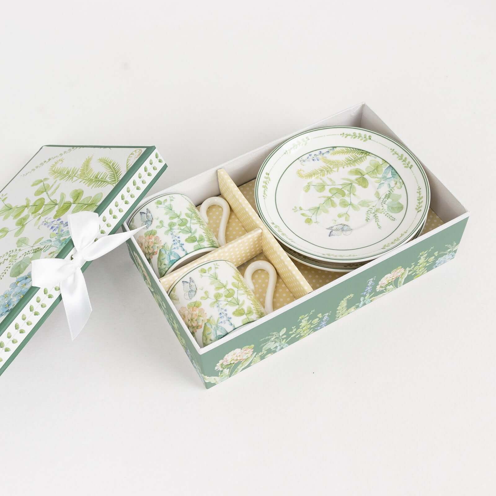 Efavormart Set of 2 Greenery Theme Porcelain Espresso Cups and Saucers with Matching Keepsake Gift Box, Bridal Shower Gift Set