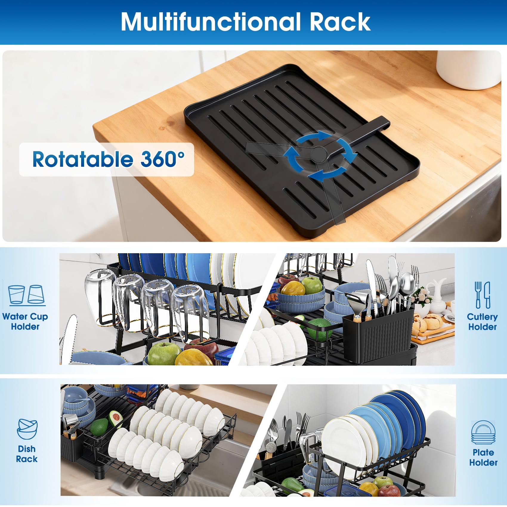 Glovv Dish Racks Kitchen Sink Organizer , 2-Tier Kitchen Organizers and Storage for Kitchen Counter, Over the Sink Dish Drying Rack with Auto Drainage System, Black