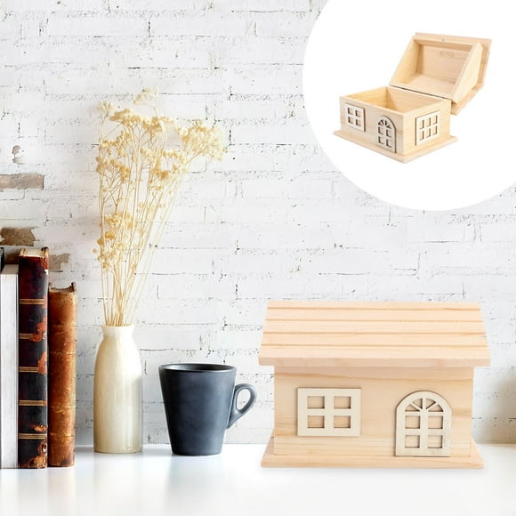 wooden box Wooden House Storage Box Painting Blank Wood Holder Money Candy Container Desktop Home Box (House Storage Box)