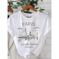 thumbnail image 1 of Women's Summer Paris Fashion Print T-Shirt - Vintage Style, Round Neck, Short Sleeve, Stretch Polyester Blend, Eiffel Tower and Arc de Triomphe Design, Ladies T Shirts, 1 of 5