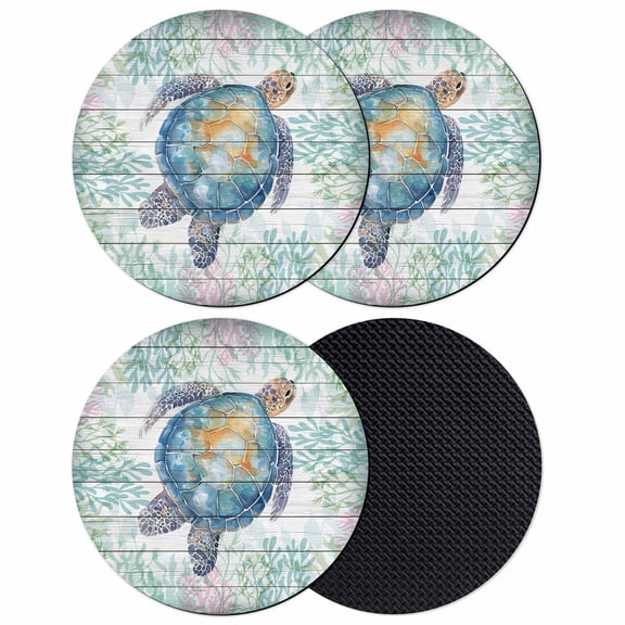 Sea Turtle Coastal Coasters Set of 4, Absorbent Coasters for Drinks, Blue Green Summer Beach Coral Wooden Coaster for Desk Coffee Table Protection, Home Decor House Warming Gifts 4"