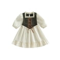 thumbnail image 2 of Little Girl Contrast Patchwork Dress Lace Trim Square Neck Long Sleeve Ruffle Dresses for Spring Fall, 2 of 10