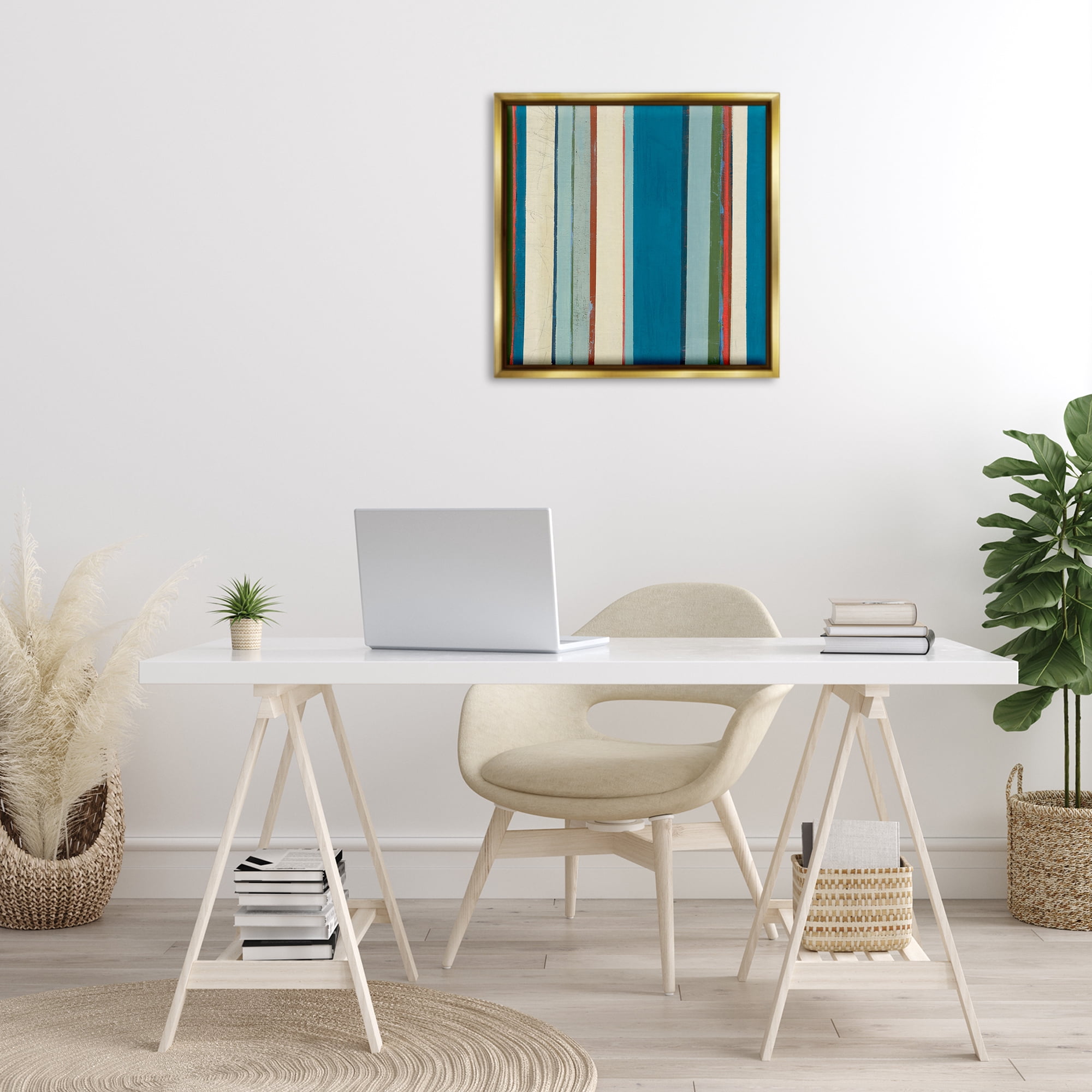 Stupell Industries Asymmetrical Blue Stripes Abstract Painting Gold Floater Framed Canvas Art Print Wall Art, 25 x 25