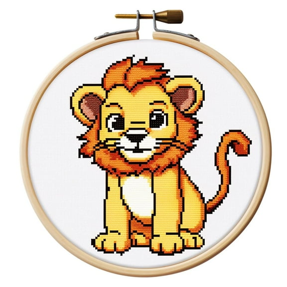 Cartoon Simple Lion 11CT Stamped Cross Stitch Kits Easy for Beginners Child with Hoop DIY Needlepoint Counted Embroidery Kits Art Craft Wall Decor 12x12IN(2)