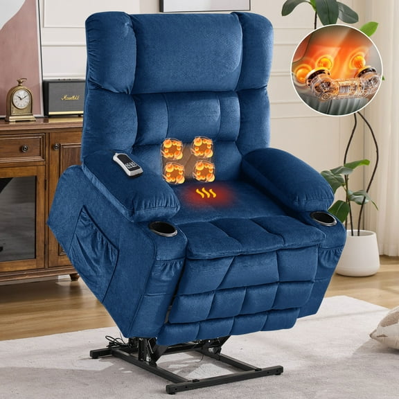 Dual Motor Lay Flat Power Lift Recliner Chair for Elderly, Oversized Lift Recliner with Massage and Extended Footrest, Heavy Duty Stand Up Recliner with Cup Holders for Home, Blue