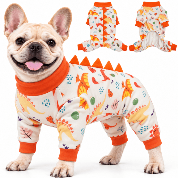 Kuoser Dog Pajamas Dinosaur Costume, Soft Onesie for Licking & Shedding, Recovery Suit for Dogs, Orange, M