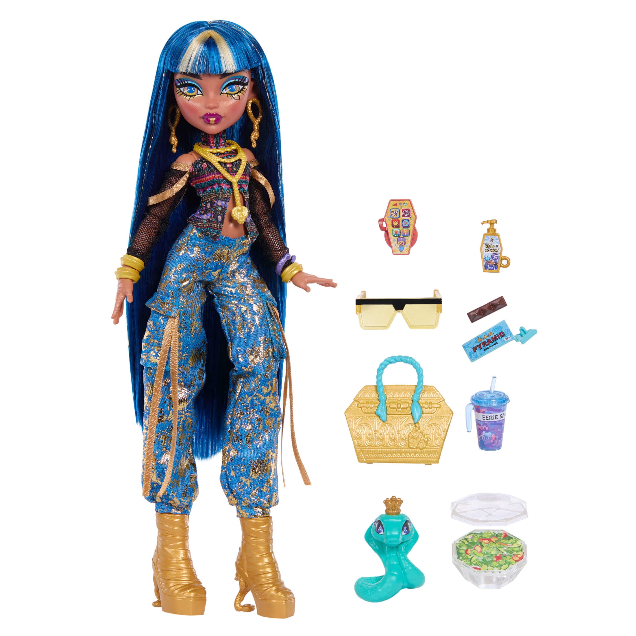 Monster High Cleo De Nile Fashion Doll in Cargo Pants with Pet Hissette and 7 Accessories